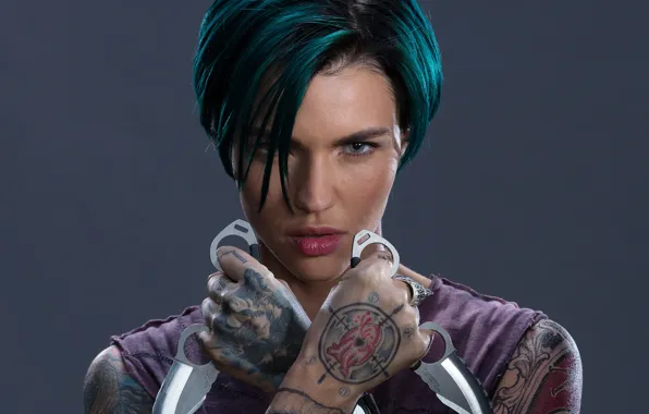 Picture look, girl, weapons, background, the film, hands, makeup, tattoo, hairstyle, knives, action, Ruby Rose, Ruby …