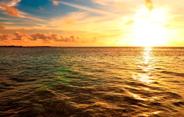 Picture sea, the sky, the sun, clouds, dawn, coast, horizon, The Maldives, Maldives