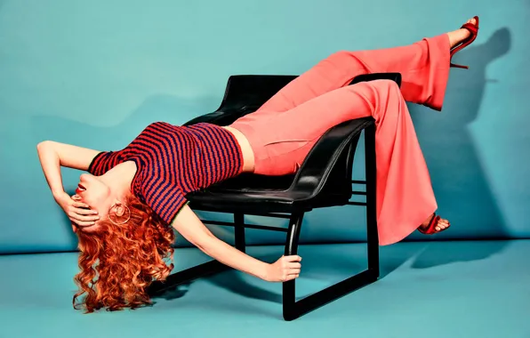 Picture pose, actress, chair, shoes, blouse, redhead, photoshoot, pants, Jessica Chastain, Jessica Chastain, The Edit, Net-A-Porter, …