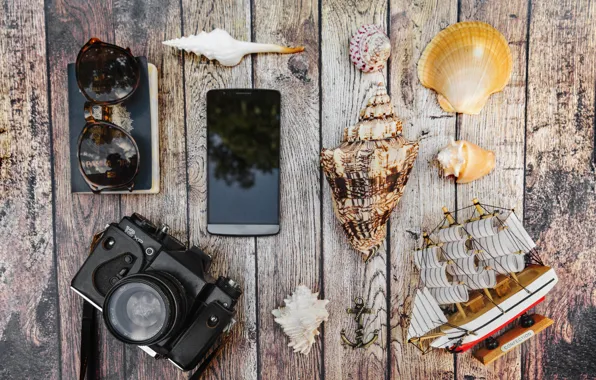 Picture sea, summer, shell, glasses, the camera, Notepad, phone, accessories