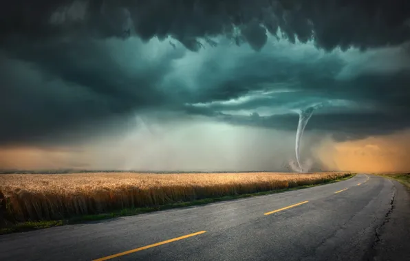 Picture road, field, clouds, tornado, tornado