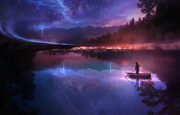 Picture forest, the sky, stars, night, lake, fantasy, boat, people, mirror, art