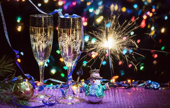 Picture toys, glasses, New year, champagne, bokeh