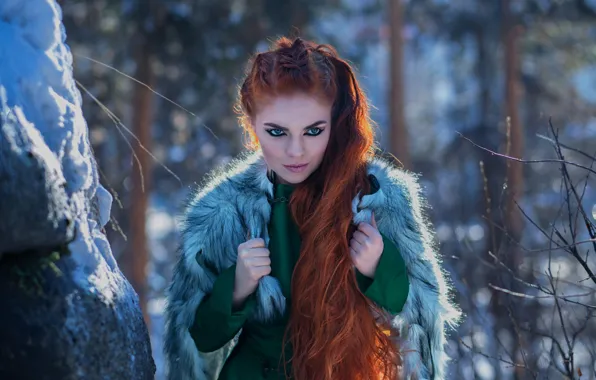 Picture winter, look, girl, red, redhead, long hair, Natalia Baklakova