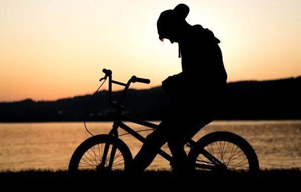 Picture sunset, bike, lake, loneliness, silhouette, guy, waiting, bmx