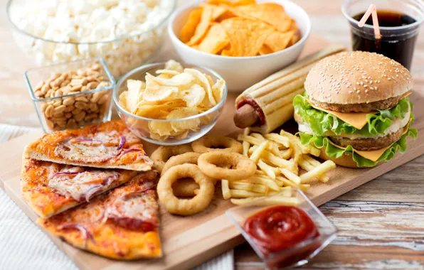 Picture pizza, chips, French fries, Burger, fast food, onion rings