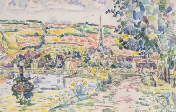 Picture landscape, figure, watercolor, Paul Signac, Small Les Andelys. The River
