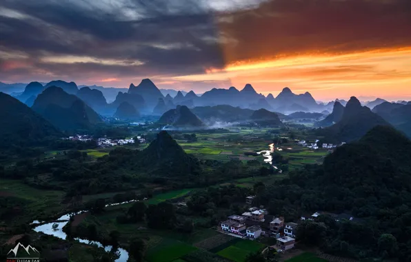 Picture the sky, clouds, light, sunset, river, hills, home, the evening, valley, China