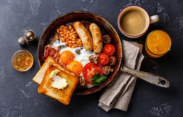 Picture sausage, scrambled eggs, tomato, bacon, pan, toast, beans