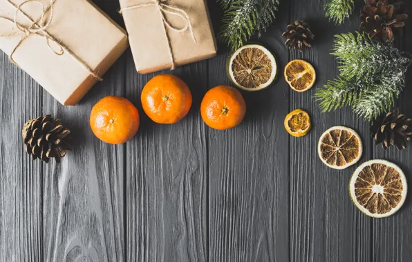 Picture holiday, gift, new year, spruce, citrus, Mandarin, dry orange
