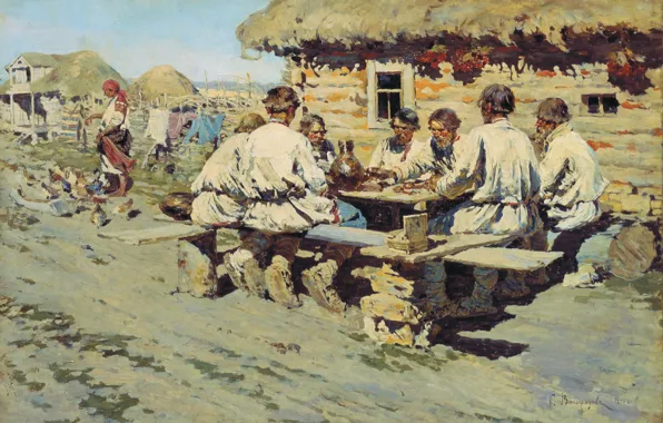 Picture oil, hut, hay, Canvas, 1890, Sergey VINOGRADOV, Lunch workers, Russian men