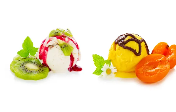 Picture berries, chocolate, kiwi, ice cream, apricot, mint, syrup
