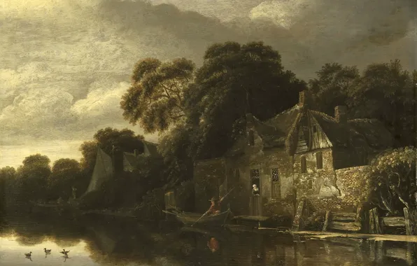 Picture landscape, picture, Old farmhouse near the Water, Michiel Van Vries