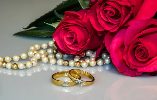 Picture flowers, holiday, roses, ring, beads, wedding