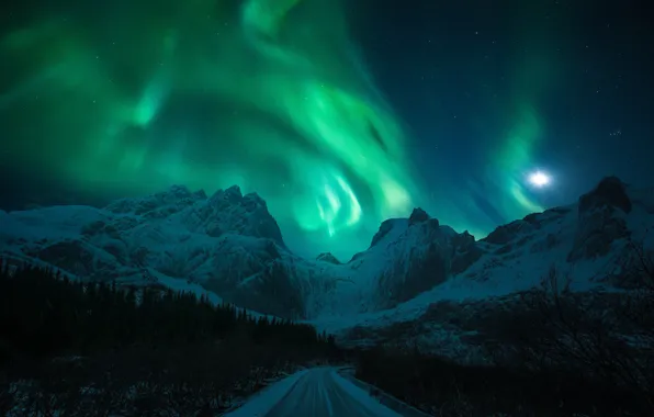 Picture winter, road, light, snow, mountains, night, the moon, Northern lights