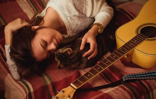 Picture cat, girl, guitar