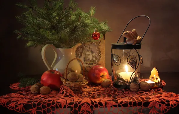 Picture table, fire, holiday, apples, candles, Christmas, New year, vase, nuts, still life, tablecloth, walnut, pine …