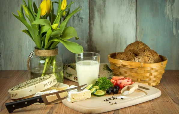 Picture flowers, food, cheese, milk, bread, tulips, vase, vegetables, olives, wood, food