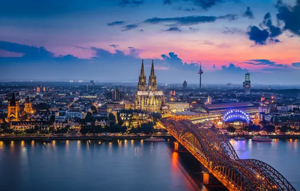 Picture light, bridge, the city, lights, Germany, Cologne Cathedral, Cologne