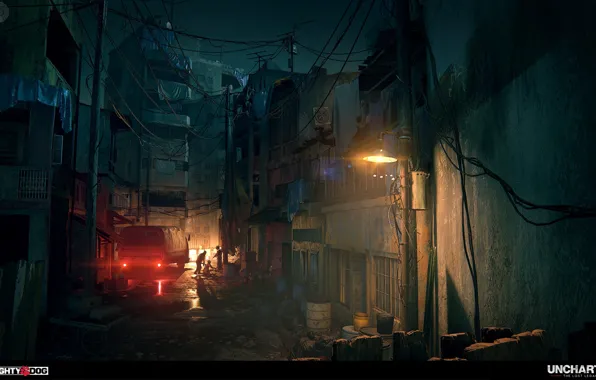 Picture night, street, car, showdown, light, Uncharted The Lost Legacy, Occupied City