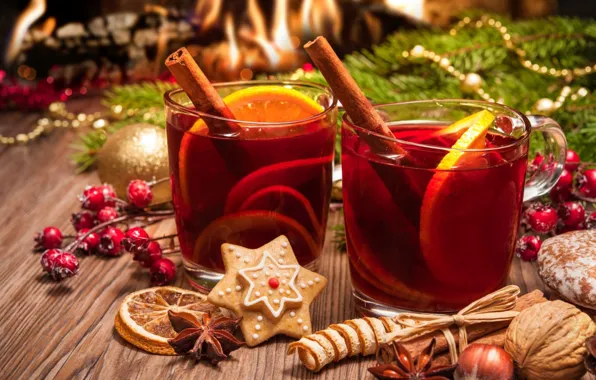 Picture orange, cookies, nuts, cinnamon, spices, mulled wine