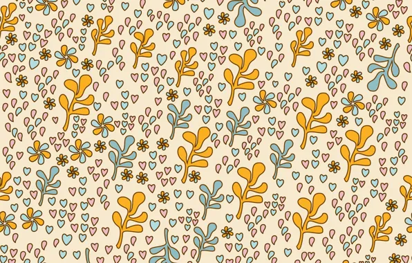 Picture background, hearts, flowers, pattern, branches