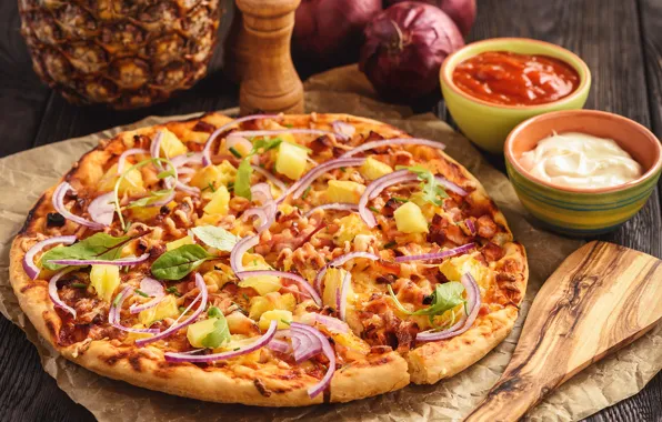 Picture pineapple, pizza, sauce, delicious, filling