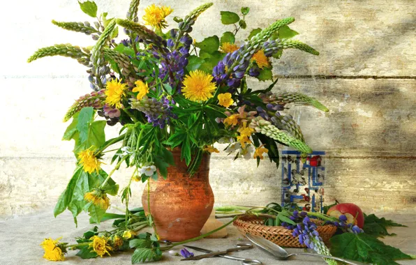 Picture summer, bouquet, dandelions, Lupin