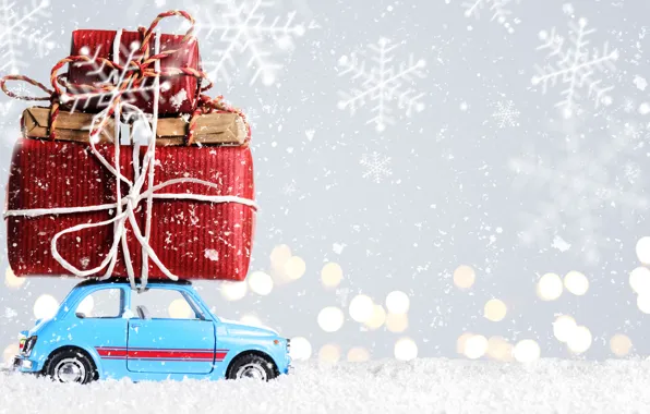 Picture car, snow, New Year, Christmas, gifts, Christmas, snow, Merry Christmas, Xmas, decoration, gifts, holiday celebration