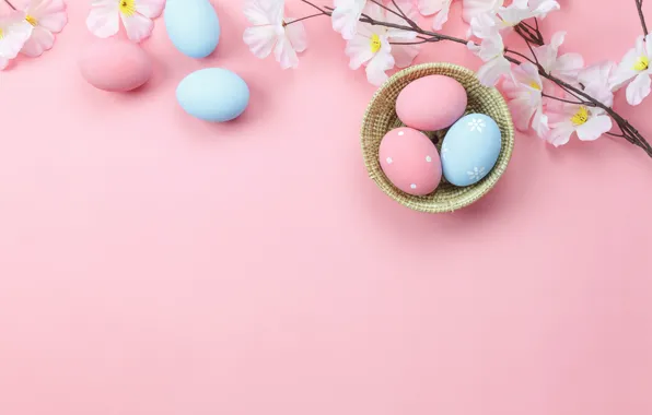 Picture flowers, background, pink, eggs, spring, Easter, wood, pink, blossom, flowers, spring, Easter, eggs, decoration, Happy, …