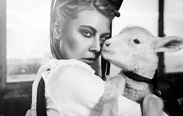 Picture look, girl, face, black and white, monochrome, sheep, lamb, Angela Hasler
