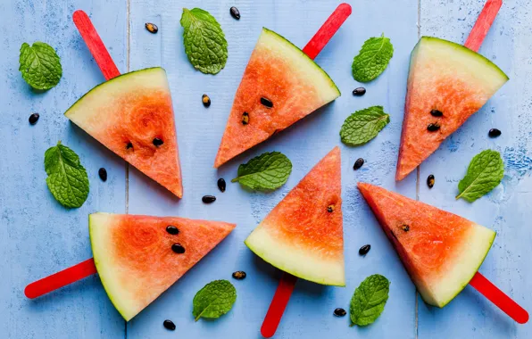 Picture leaves, watermelon, fresh, mint, wood, slices, watermelon, slice
