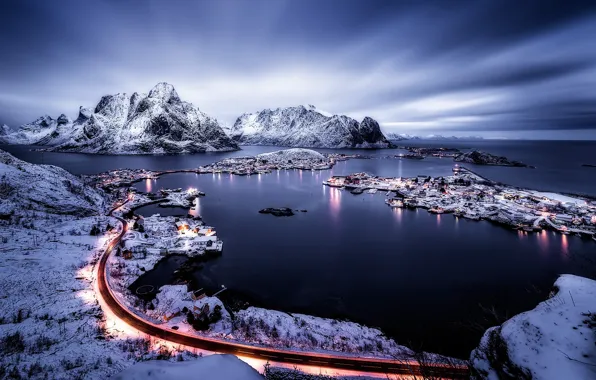 Picture winter, the sky, light, mountains, clouds, town, settlement, the fjord, Norway