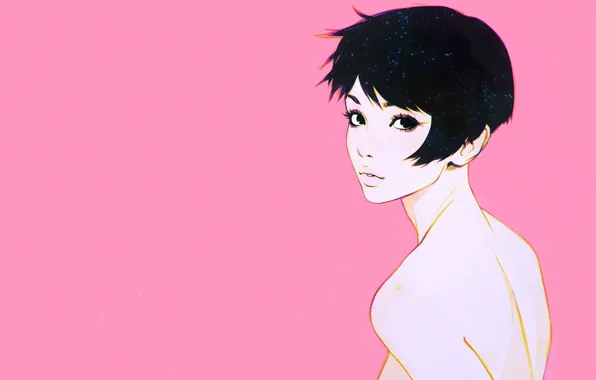 Picture haircut, pink background, bangs, portrait of a girl, half a turn, Ilya Kuvshinov, neck shoulders