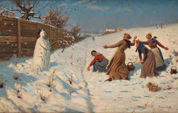Picture Norwegian painter, Hans Dahl, Hans Dahl, Norwegian painter, Throwing snowballs, Throwing snowballs