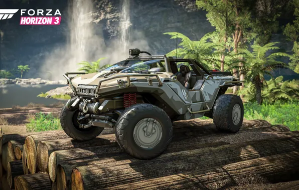 Picture car, Halo, game, river, trees, jungle, race, speed, waterfall, crossover, Forza Horizon, vehicle, vegetation, trunks, …