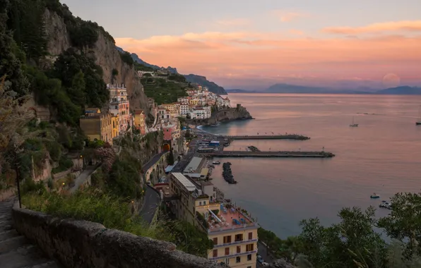Picture sea, landscape, home, pier, Italy, Amalfi