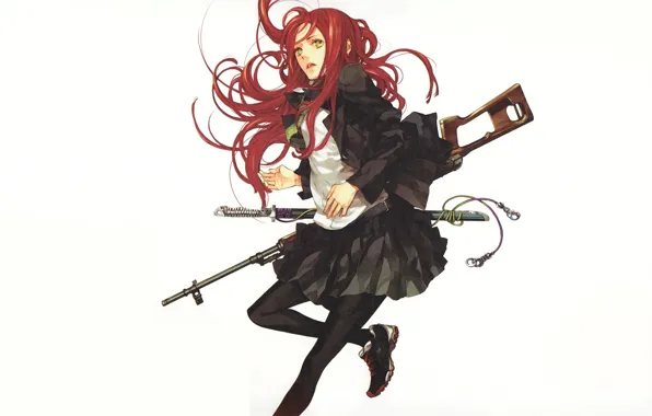 Picture katana, white background, red, schoolgirl, rifle, sneakers, art, kazuaki