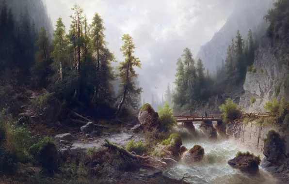 Picture forest, mountains, bridge, stream, ate, rapids, Albert Rieger, Mountain stream