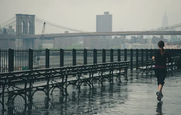 Picture girl, bridge, city, the city, rain, New York, Brooklyn, USA, USA, America, Brooklyn bridge, architecture, …