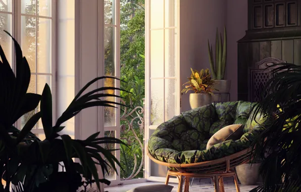 Picture furniture, plants, balcony, pomeshenie, Tropics of yore