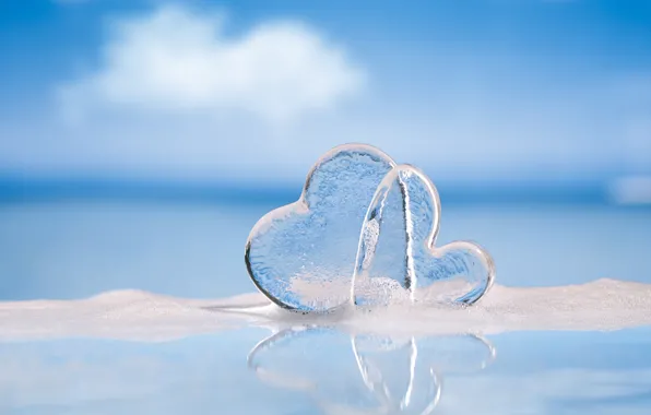 Picture the sky, blue, reflection, background, ice, hearts, Valentine's day