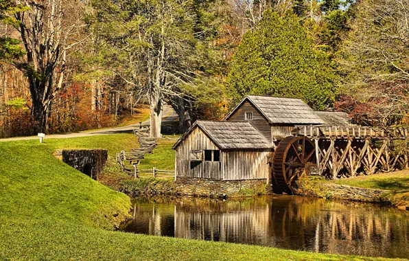 Picture road, autumn, grass, the sun, trees, mill, USA, river, water, Virginia, Mabry Mill