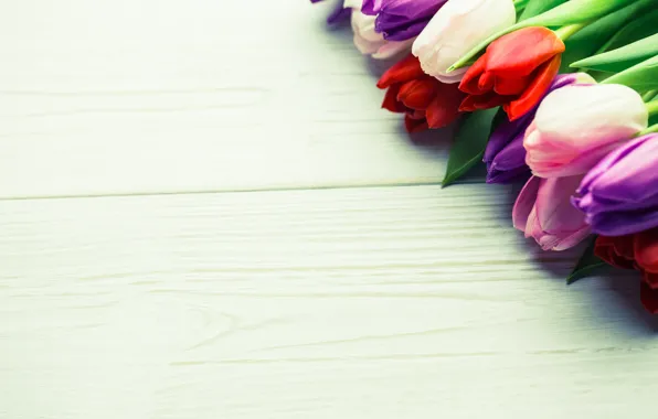 Picture flowers, bouquet, colorful, tulips, red, white, wood, flowers, tulips, spring, purple
