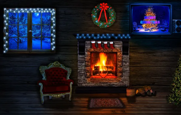 Picture interior, chair, Christmas, fireplace
