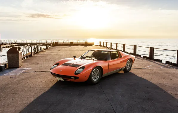 Picture Sunset, The sun, Color, Sea, Auto, Lamborghini, Machine, Pierce, Classic, Orange, 1971, Lights, Car, Supercar, …
