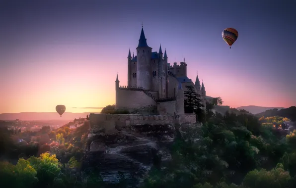 Picture the sky, trees, balloons, castle, rocks