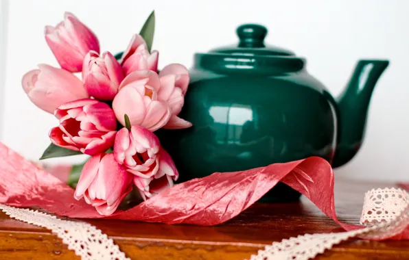 Picture flowers, bouquet, kettle, tulips, pink, romantic, tulips, spring, pink tulips