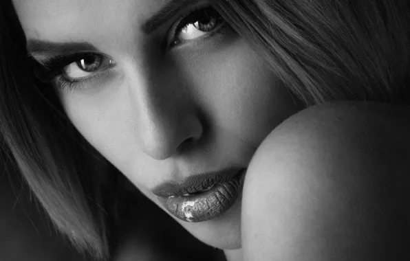 Picture look, face, photo, model, makeup, hairstyle, black and white, beauty, closeup