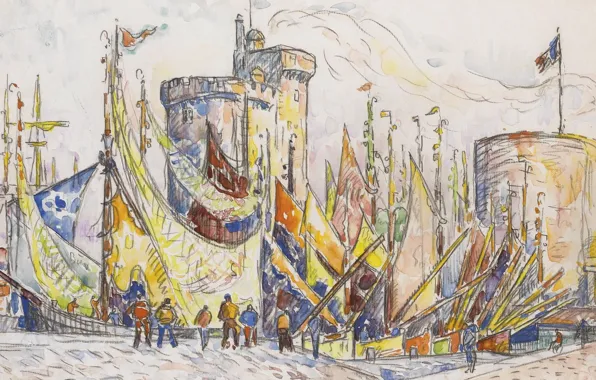 Picture boat, figure, tower, watercolor, sail, Paul Signac, The Port Of La Rochelle